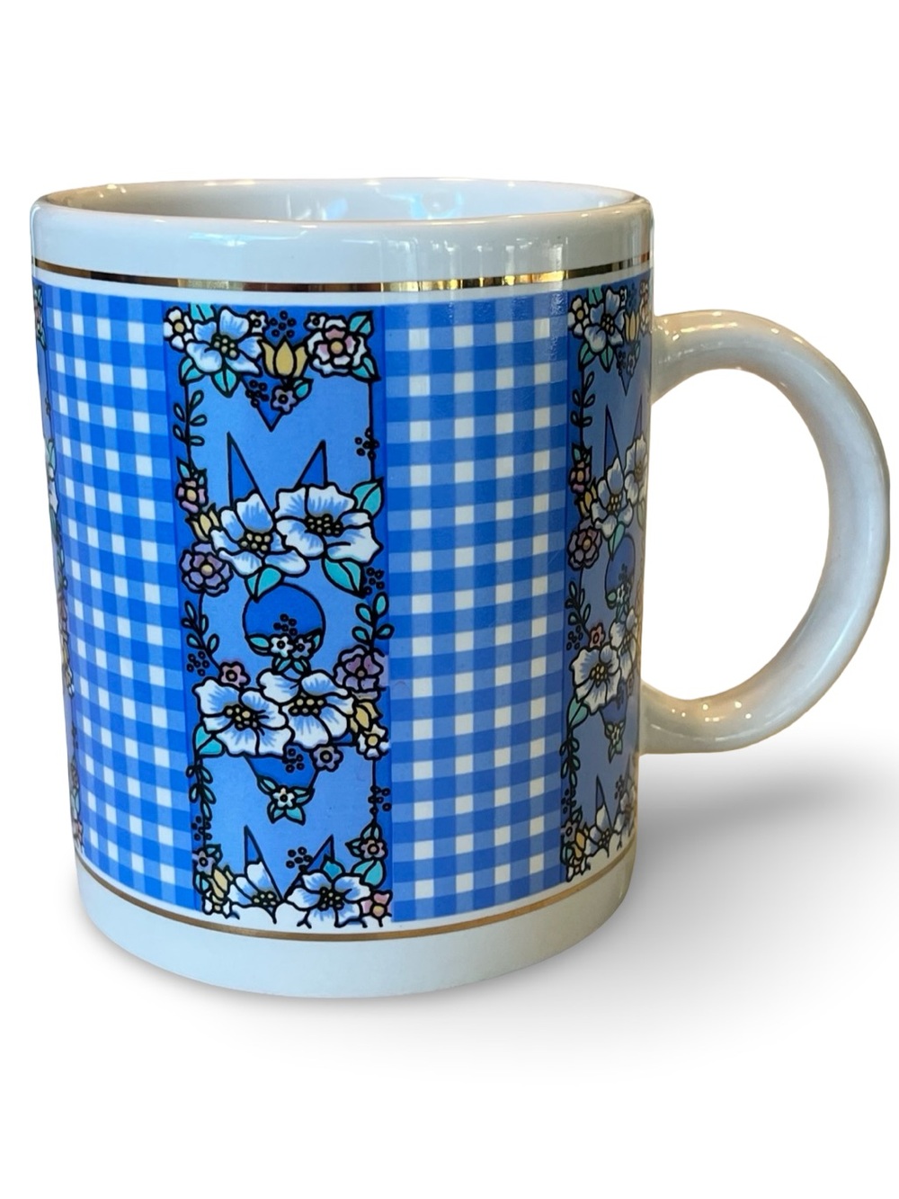 Vintage 90s Blue Gingham Floral Ceramic Mug